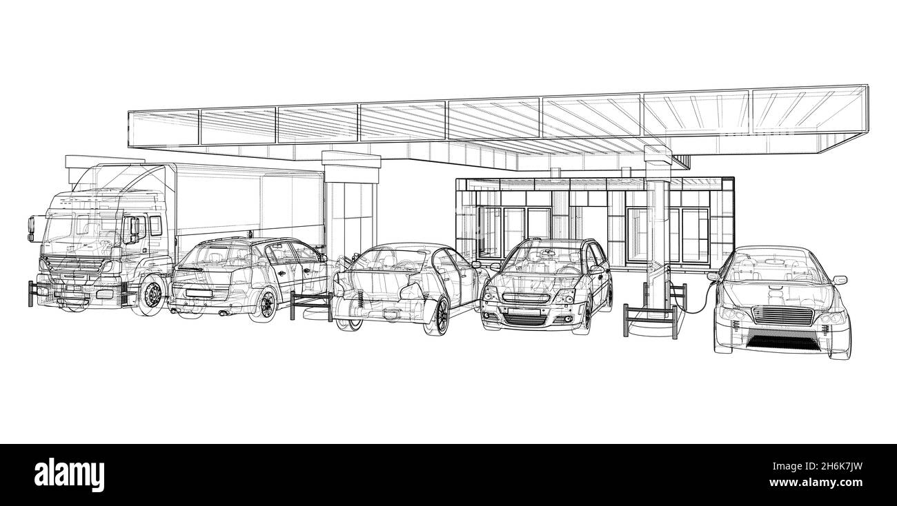 Elektroauto-Ladestation mit Autos und LKW Stockfoto