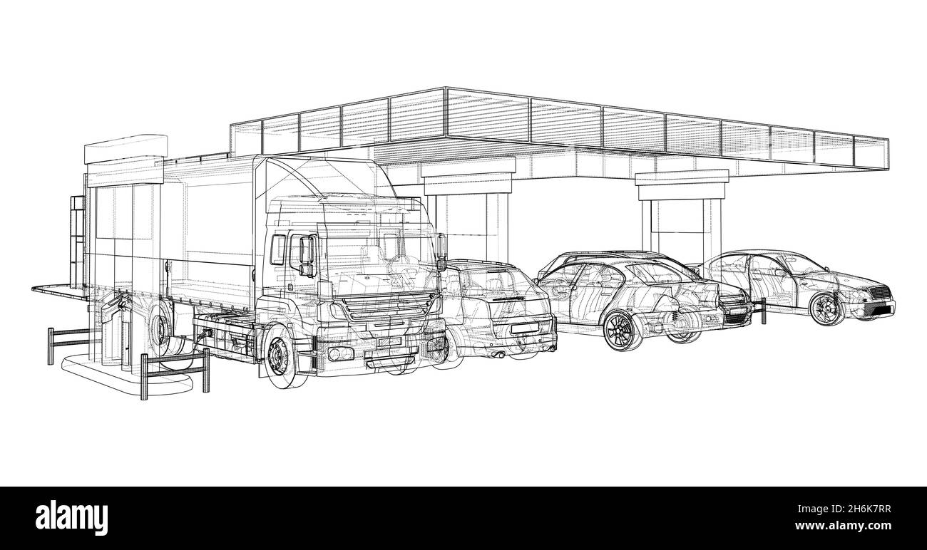 Elektroauto-Ladestation mit Autos und LKW Stockfoto