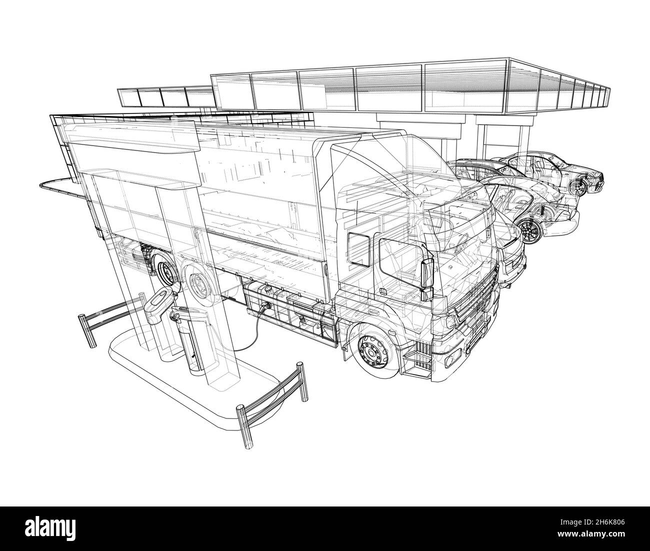 Elektroauto-Ladestation mit Autos und LKW Stockfoto