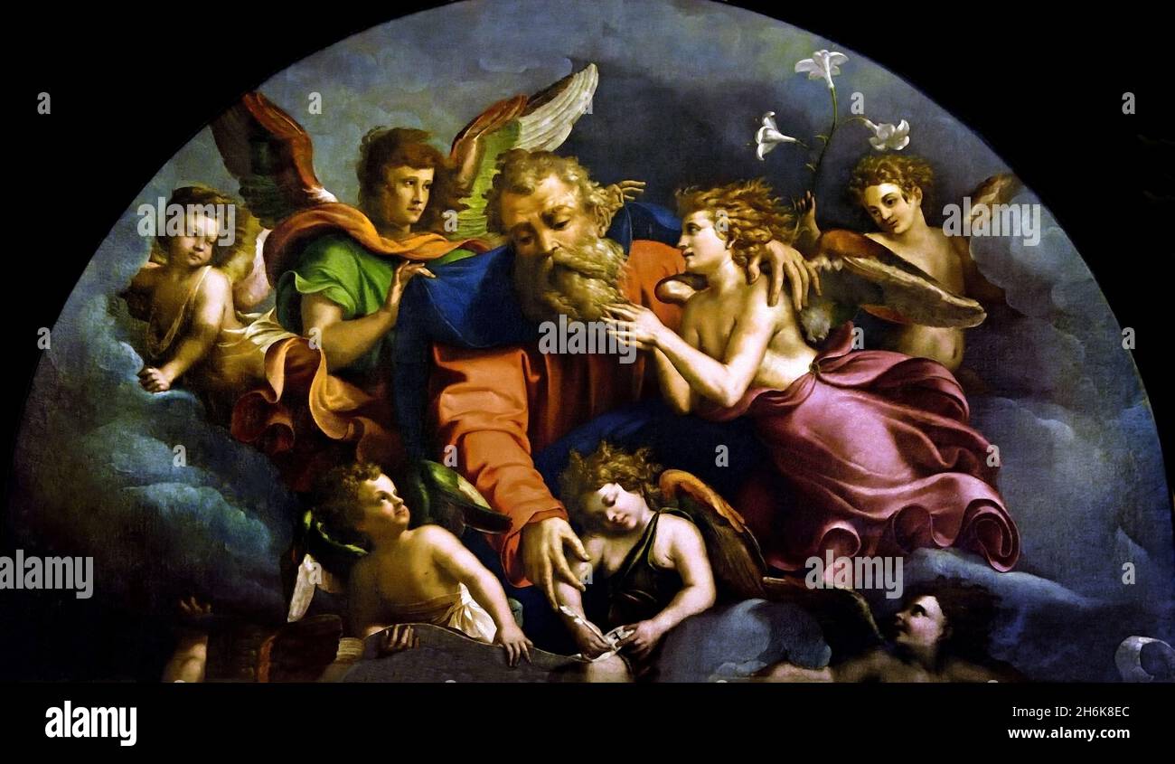 Gottvater unter den Engeln, 16th. Jahrhundert XVI Pagni Benedetto (Maler), Pescia, 1503 – 1578; Rinaldo Mantovano (Maler), 1528-1564 Italien, Italienisch, Stockfoto