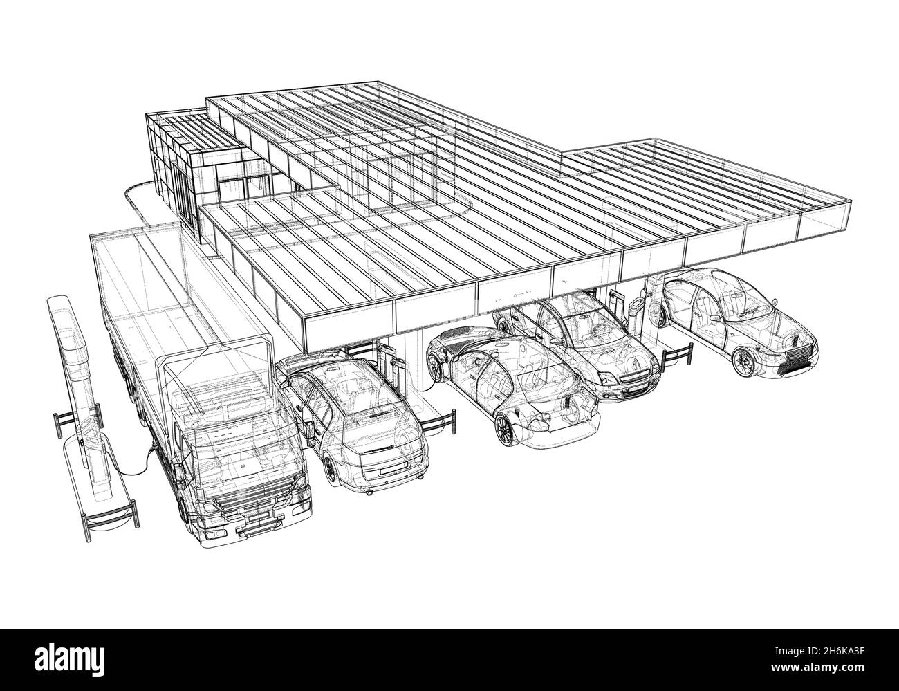 Elektroauto-Ladestation mit Autos und LKW Stockfoto