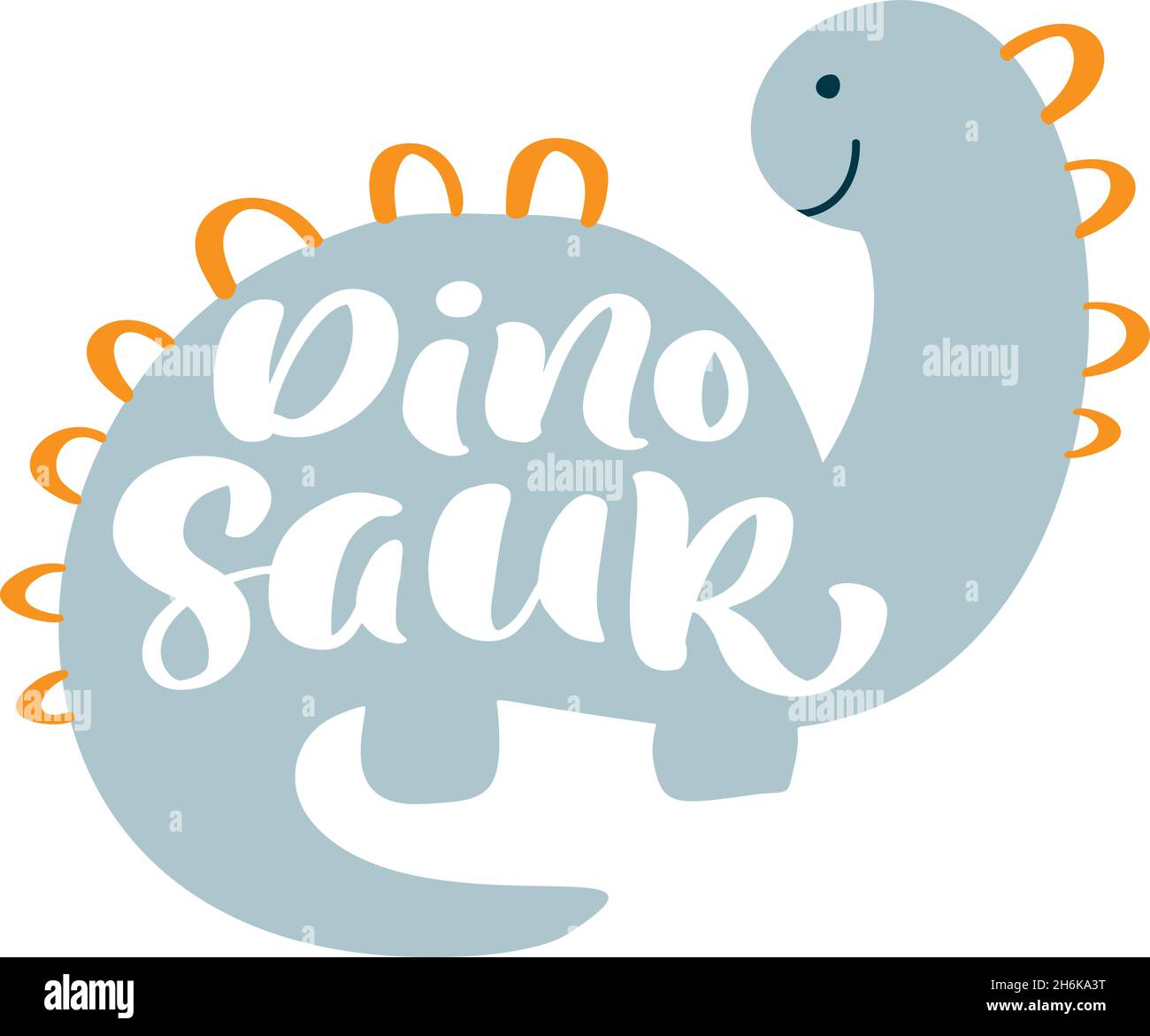 Dino Baby niedlichen Druck. „Dinosaur“-Schriftzug mit „Boy“-Schriftzug. Coole Illustration für T-Shirt, Kinderkleidung, Einladung. Einfaches skandinavisches Kinderdesign Stock Vektor