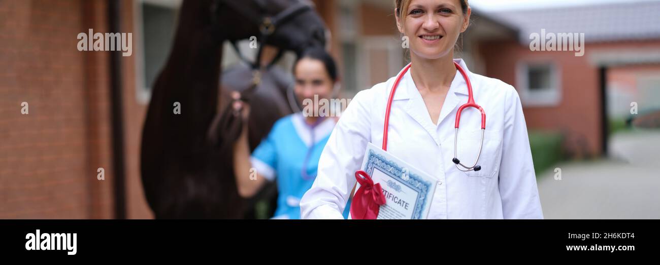 Frau Arzt Tierarzt mit ärztlicher Bescheinigung auf dem Hintergrund des Pferdes Stockfoto