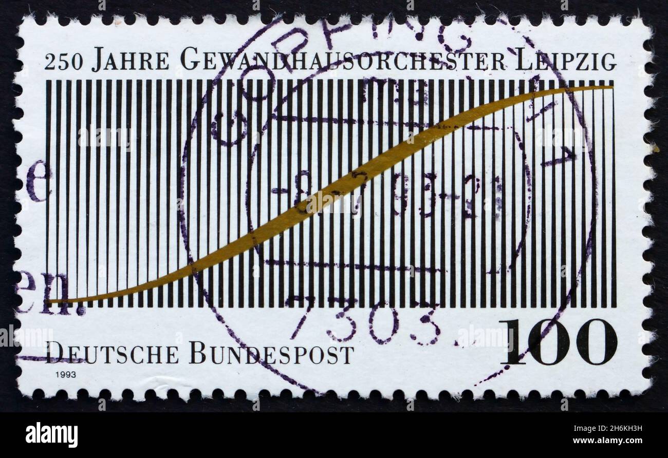 DEUTSCHLAND - UM 1993: Eine in Deutschland gedruckte Briefmarke zeigt das 250. Jubiläum des Leipziger Gewandhausorchesters, um 1993 Stockfoto