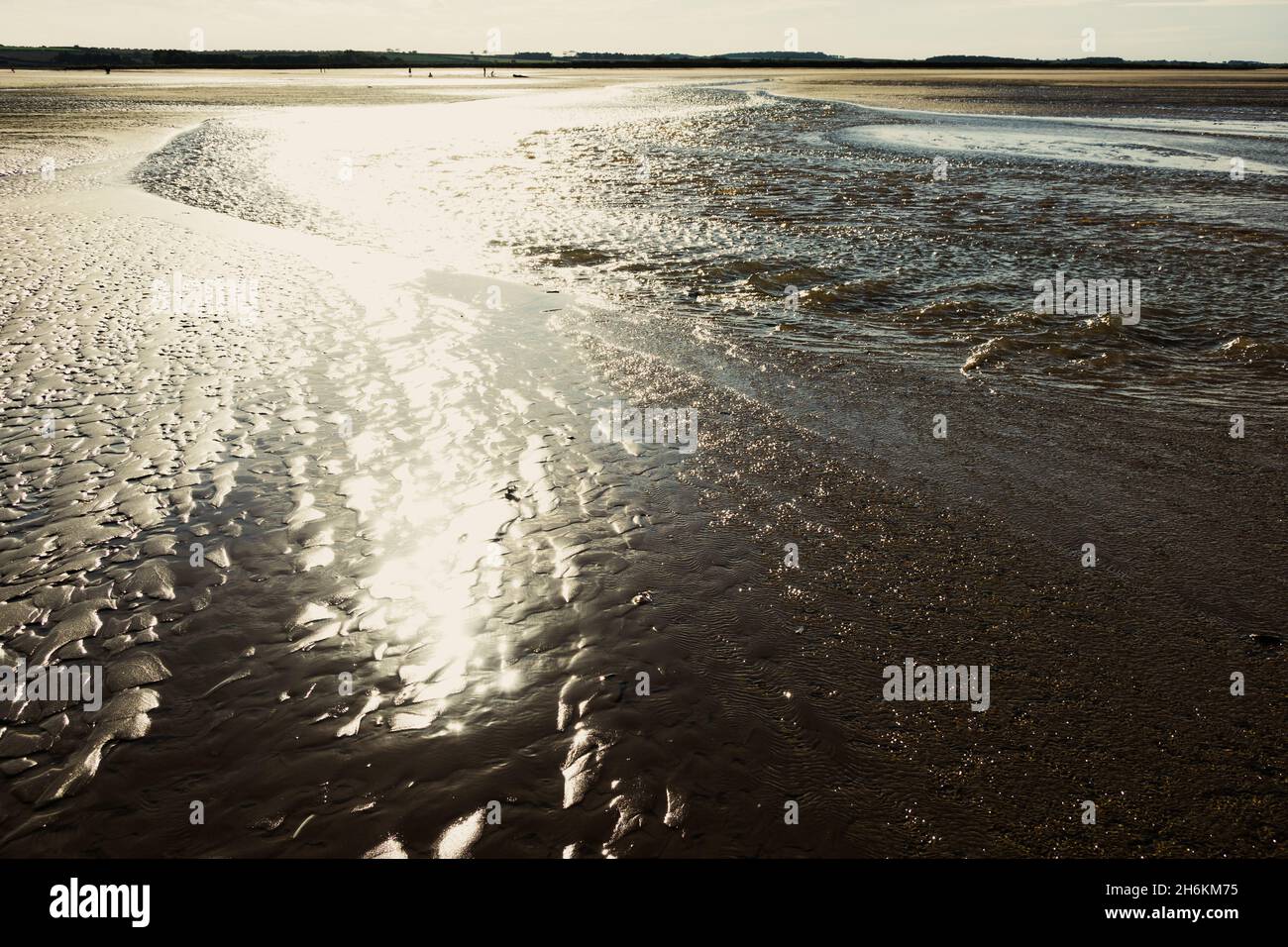 Die Sonne scheint und schimmert auf dem nassen Sand am Brancaster Beach North Norfolk England Stockfoto