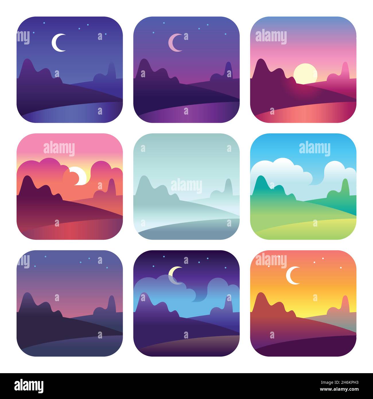 Unterschiedliche Tageszeiten. Sonnenaufgang und -Untergang am frühen Morgen, Mittag- und Abenddämmerung. Sonne Zeit Landschaft Vektorsymbole Stock Vektor
