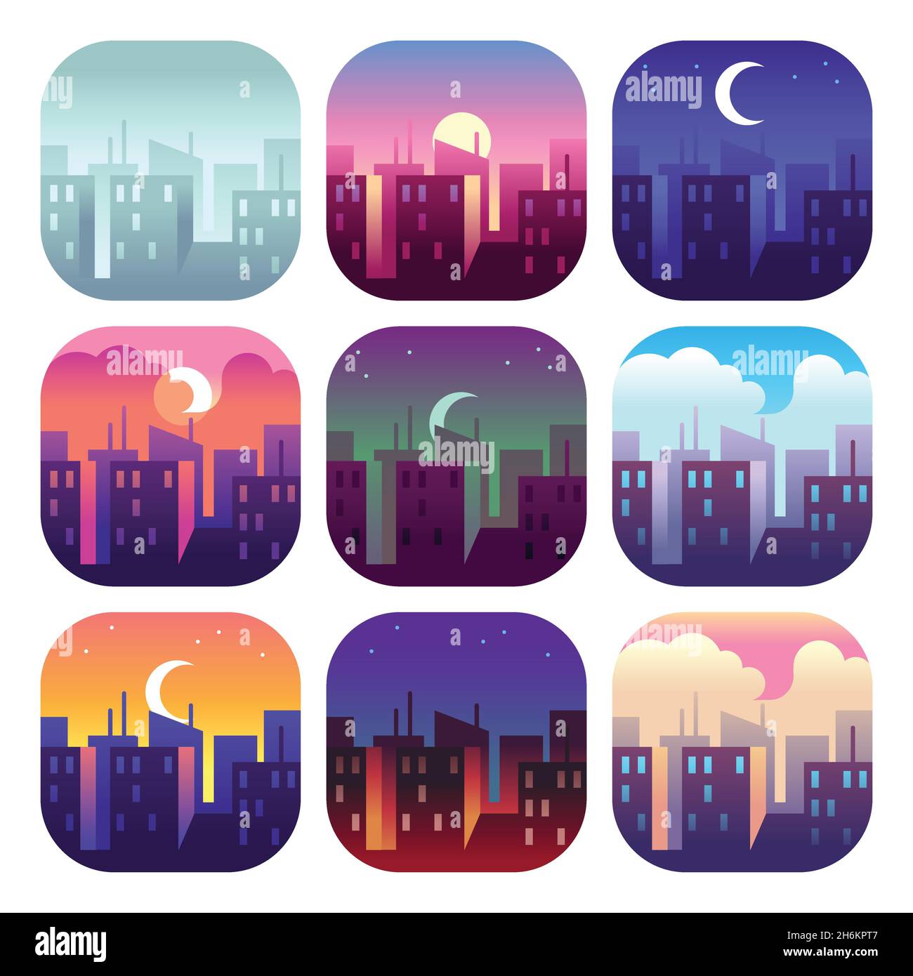 Tageszeiten der Stadt. Am frühen Morgen Sonnenaufgang Sonnenuntergang, Mittag- und Abenddämmerung, Nacht Stadtbild Wolkenkratzer Gebäude. Urbane Einrichtung Stock Vektor