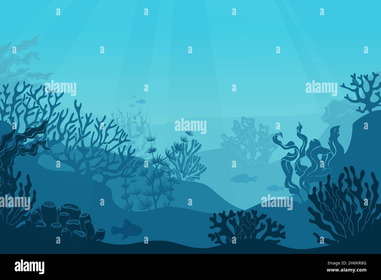 Unterwasserlandschaft. Meeresboden, Unterwasser mit Algen. Dunkles Salzwasser mit Korallen-Silhouetten. Meeresriff unten Stock Vektor