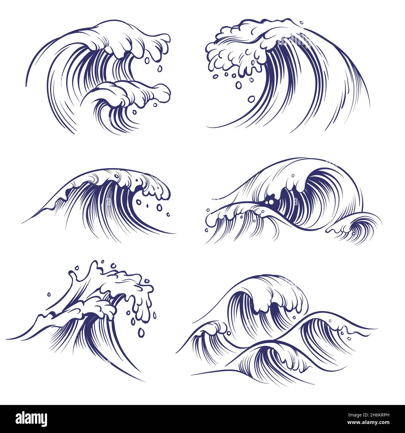 Skizzenwelle. Meereswellen platschen. Handgezeichnete Surf Sturm Wind Wasser Doodle Vektorsammlung Stock Vektor