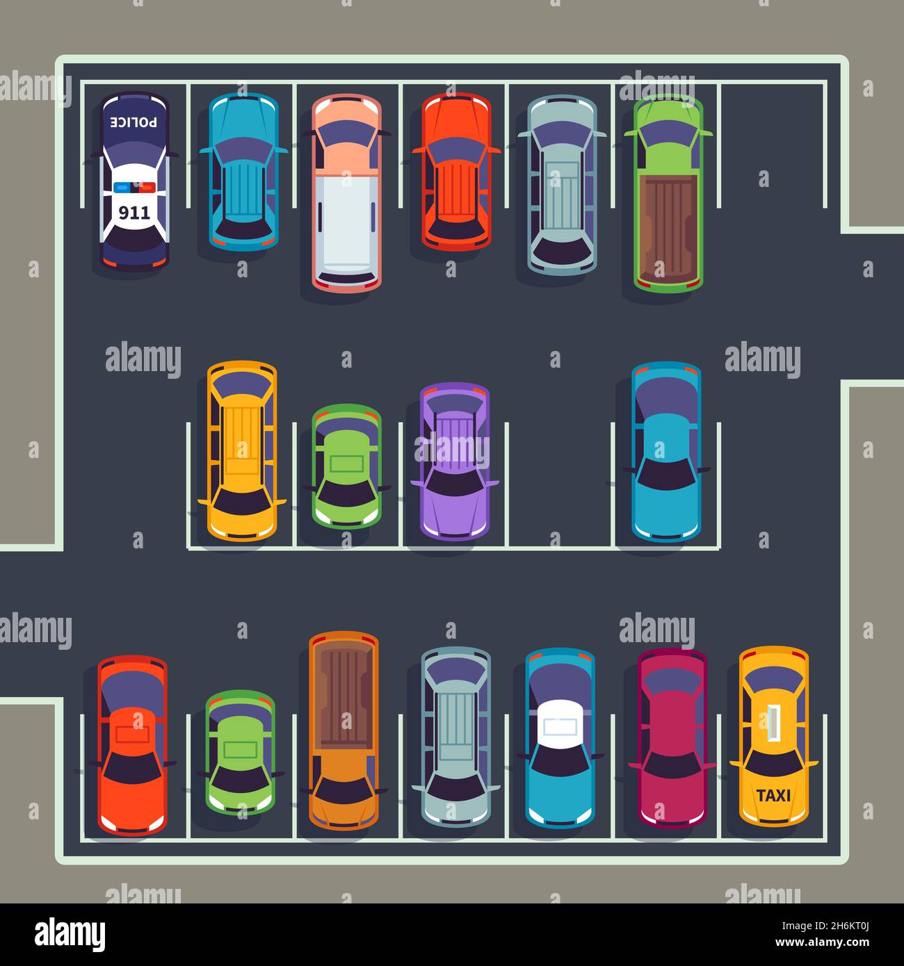 Blick von oben auf den Parkplatz. Viele Autos auf Parkzone, verschiedene Fahrzeuge auf Parkplatz von oben. Infografik für automatische Vektorgrafiken Stock Vektor