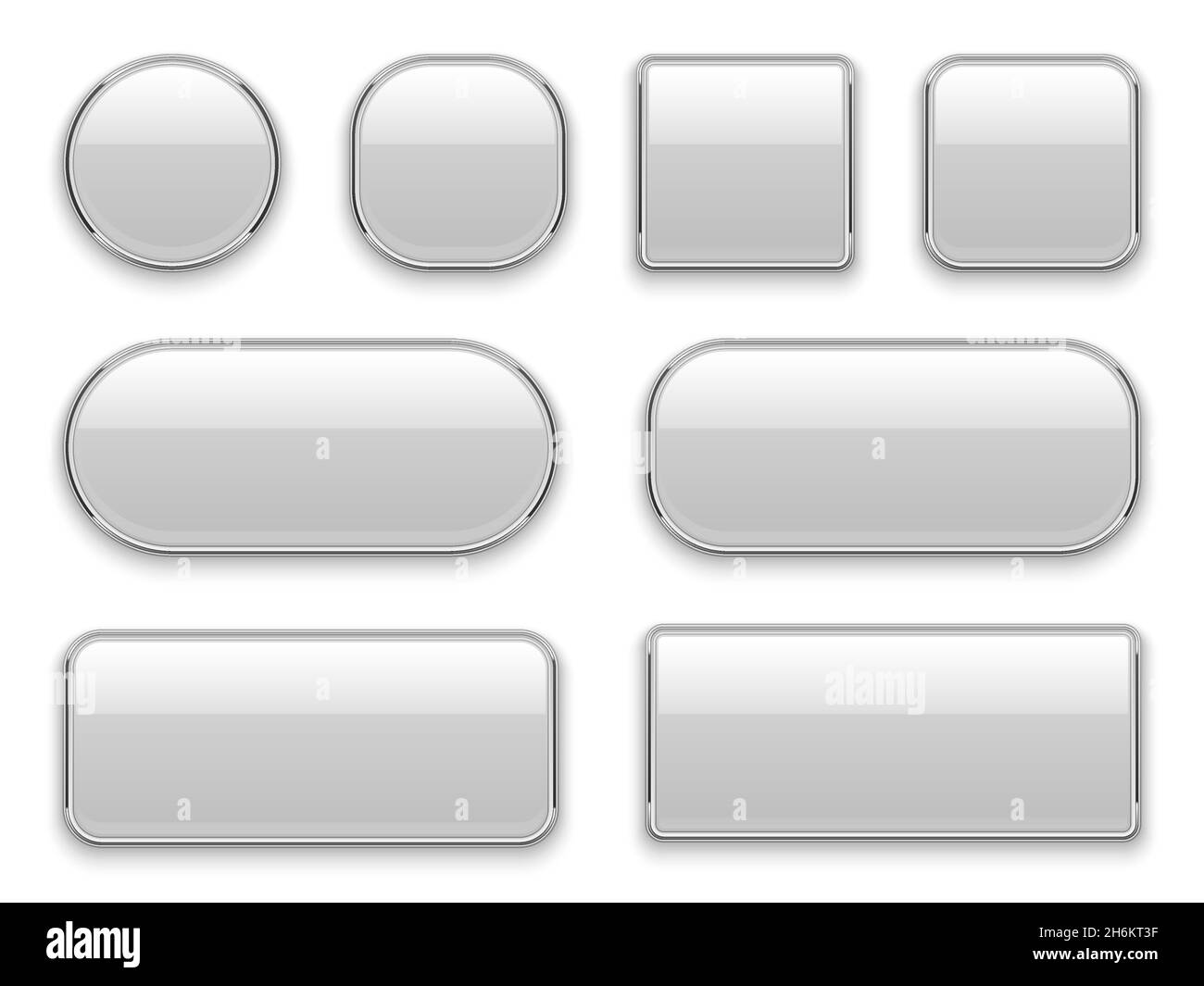 Weiße Knöpfe verchromter Rahmen. 3d realistische Web-Glas-Elemente ovales Rechteck quadratischen Kreis chrom weiß Taste Schnittstelle Stock Vektor