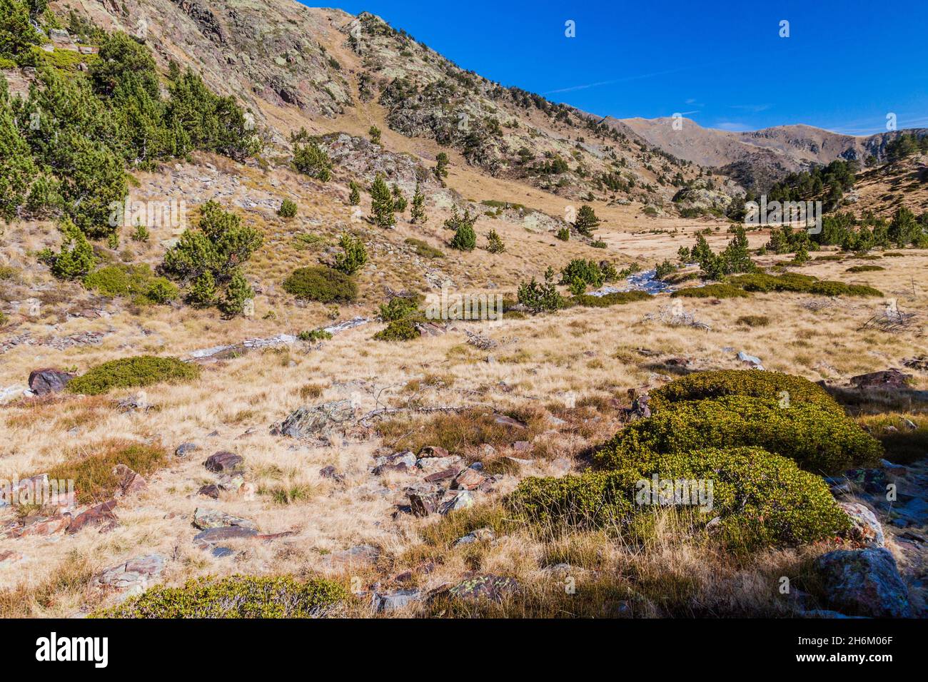 Landschaft des Parc Natural Comunal de les Valls del Comapedrosa Nationalpark in Andorra Stockfoto