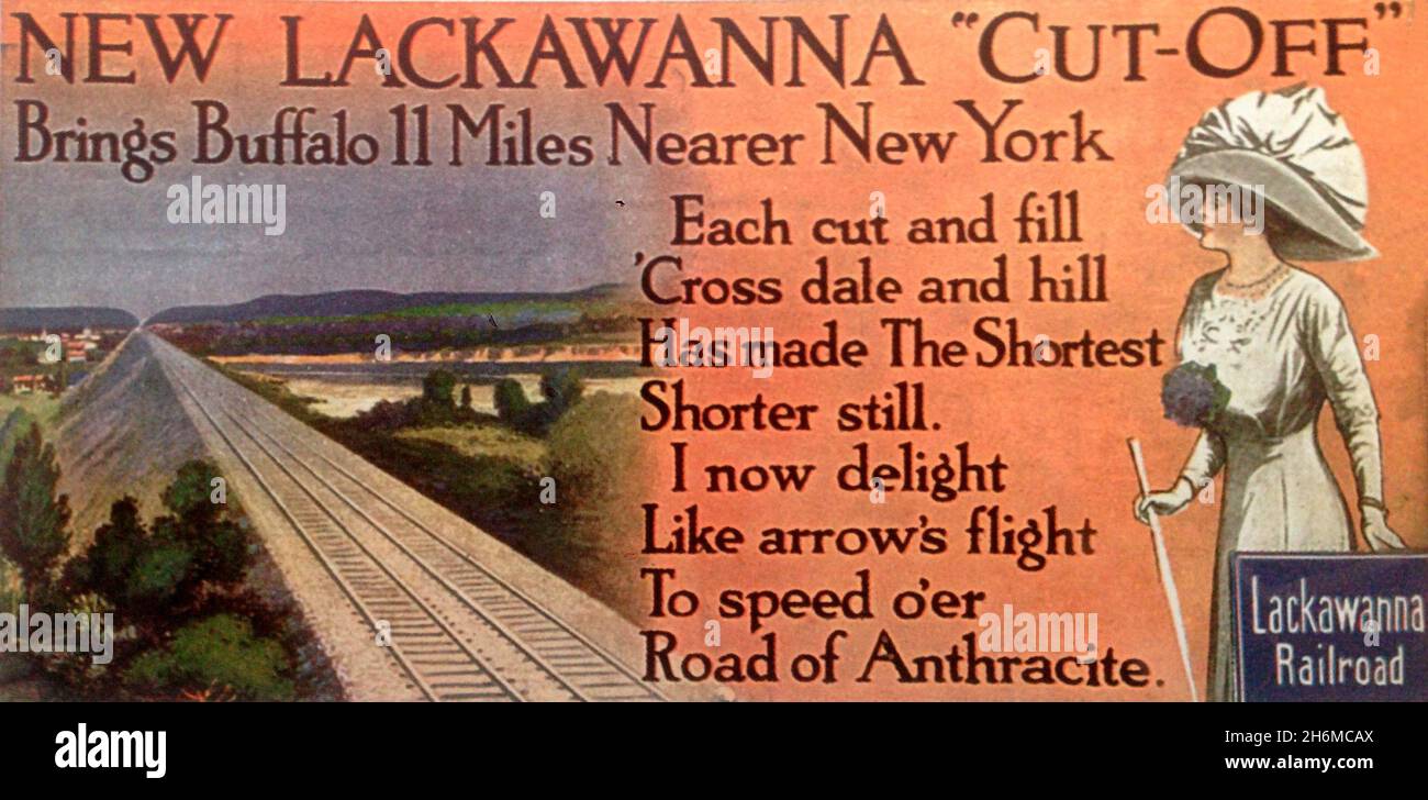 Werbeplakat (1912), das von der Lackawanna Railroad verwendet wird, um für ihre neue, kürzere Strecke zwischen Buffalo, New York und Hoboken, New Jersey, zu werben. Stockfoto