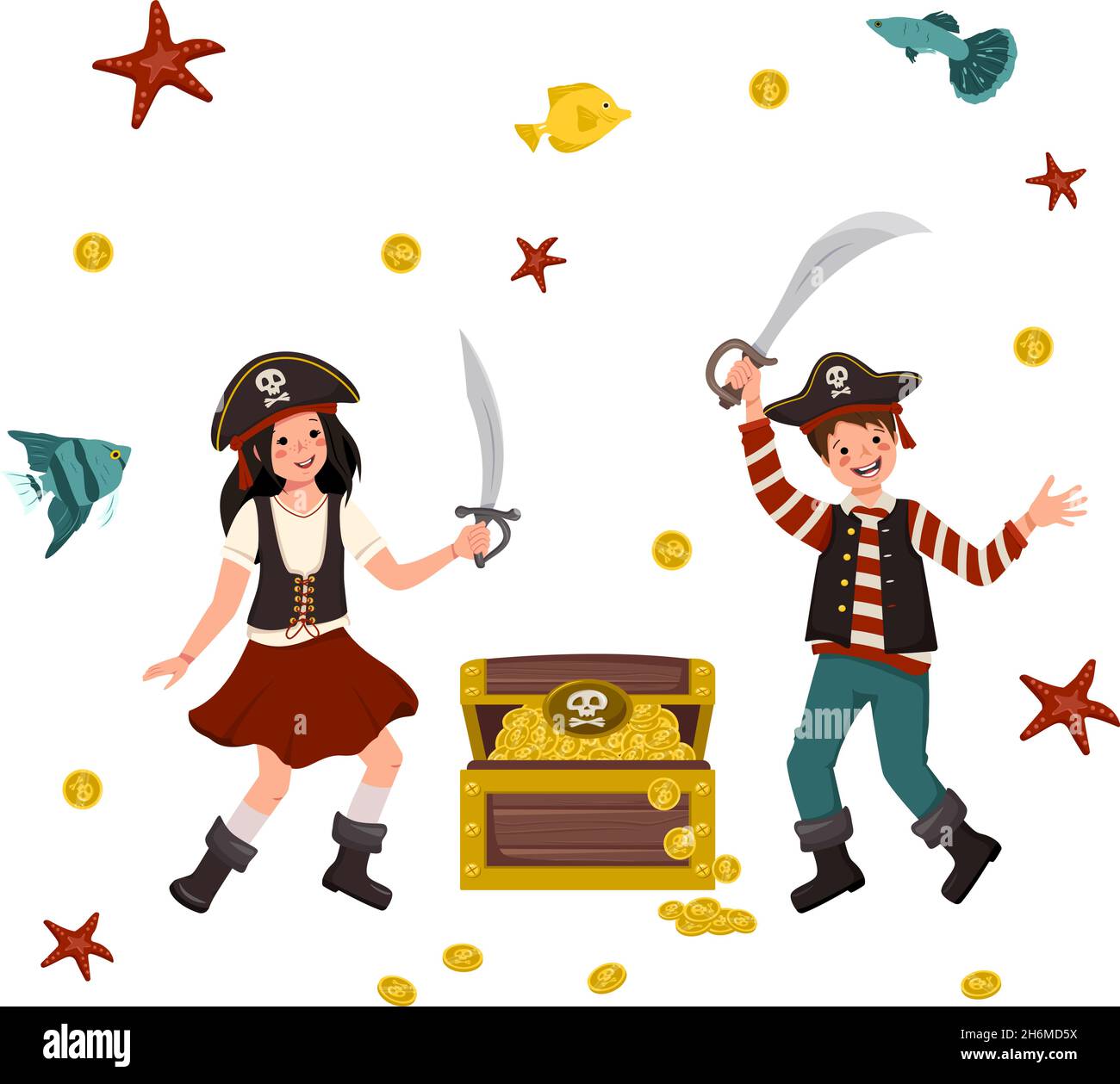 Glückliche Piraten Junge und Mädchen mit Säbel, aufgespannte Hut, Fische, Münzen und Brust aus Gold. Fröhliche Kinder in Karnevalskostümen. Festliche Kleidung für Urlaub, Neujahr und Kinderparty. Vektorgrafik flach Stock Vektor