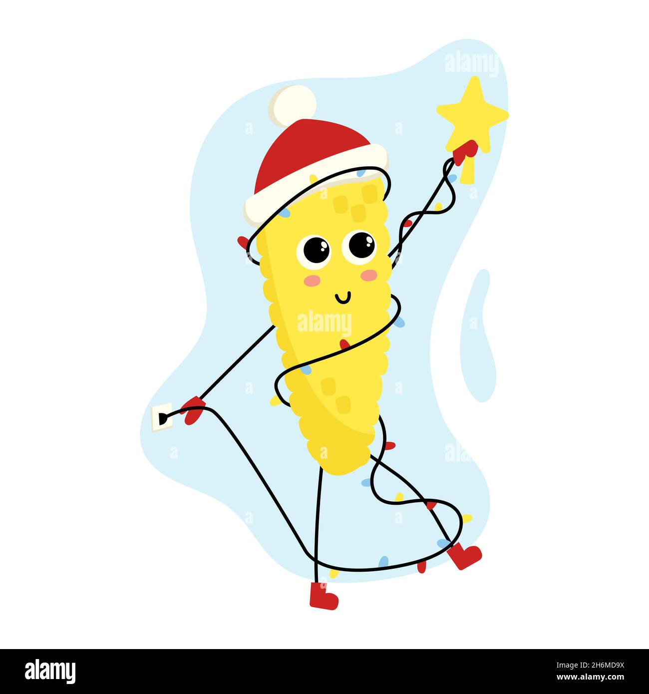 Lustige Maisfigur verwickelt in einer festlichen Girlande. Kawaii-Gemüse. Niedliches Wintermaskottchen mit einem Weihnachtsstern in der Hand. Helle Cliparts für Neujahr Stock Vektor