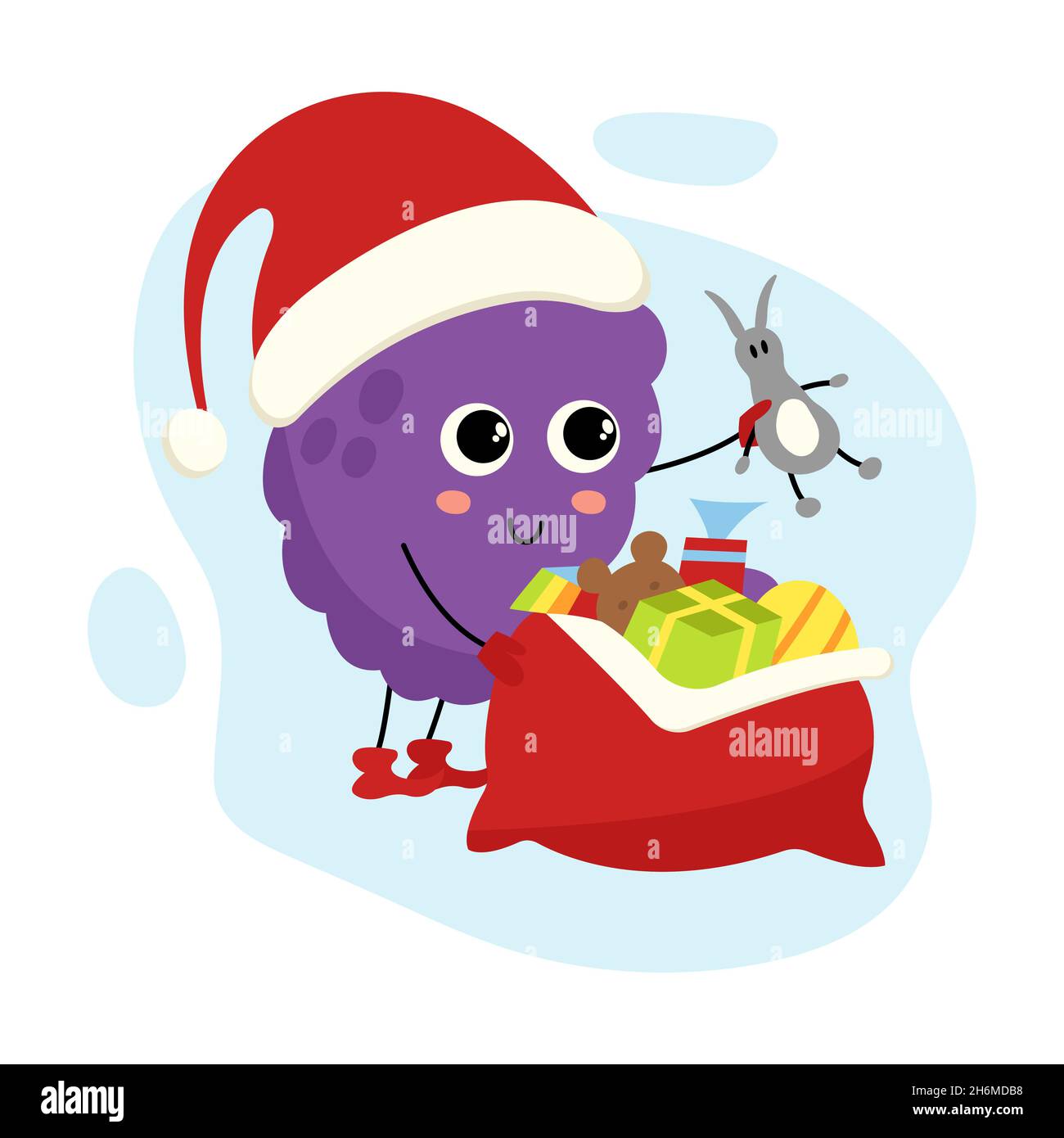 Trauben Charakter in der Rolle des Weihnachtsmanns gibt Geschenke. Lustige Winter Maskottchen. Süße Kawaii-Früchte oder Beeren. Helle Cliparts für Weihnachten und Neujahr Stock Vektor