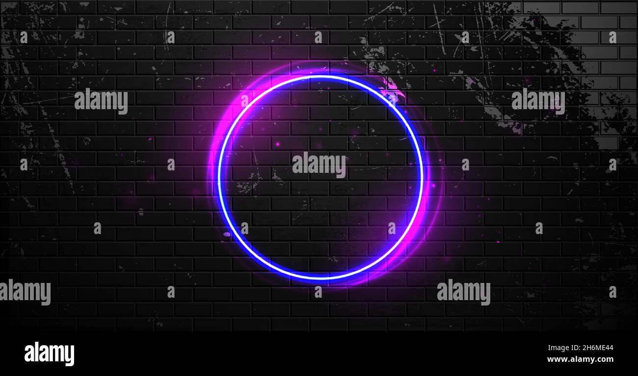 Schwarze Ziegelwand mit Neon-Ring-Rahmen. Nachtclub-Elektroschild. Leuchtenkreis mit Neonlicht. Vektorgrafik. Stock Vektor