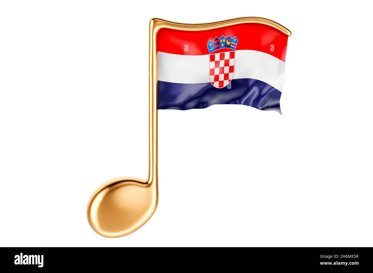 Musikalische Note mit kroatischer Flagge. Musik in Kroatien, Konzept. 3D-Rendering auf weißem Hintergrund isoliert Stockfoto