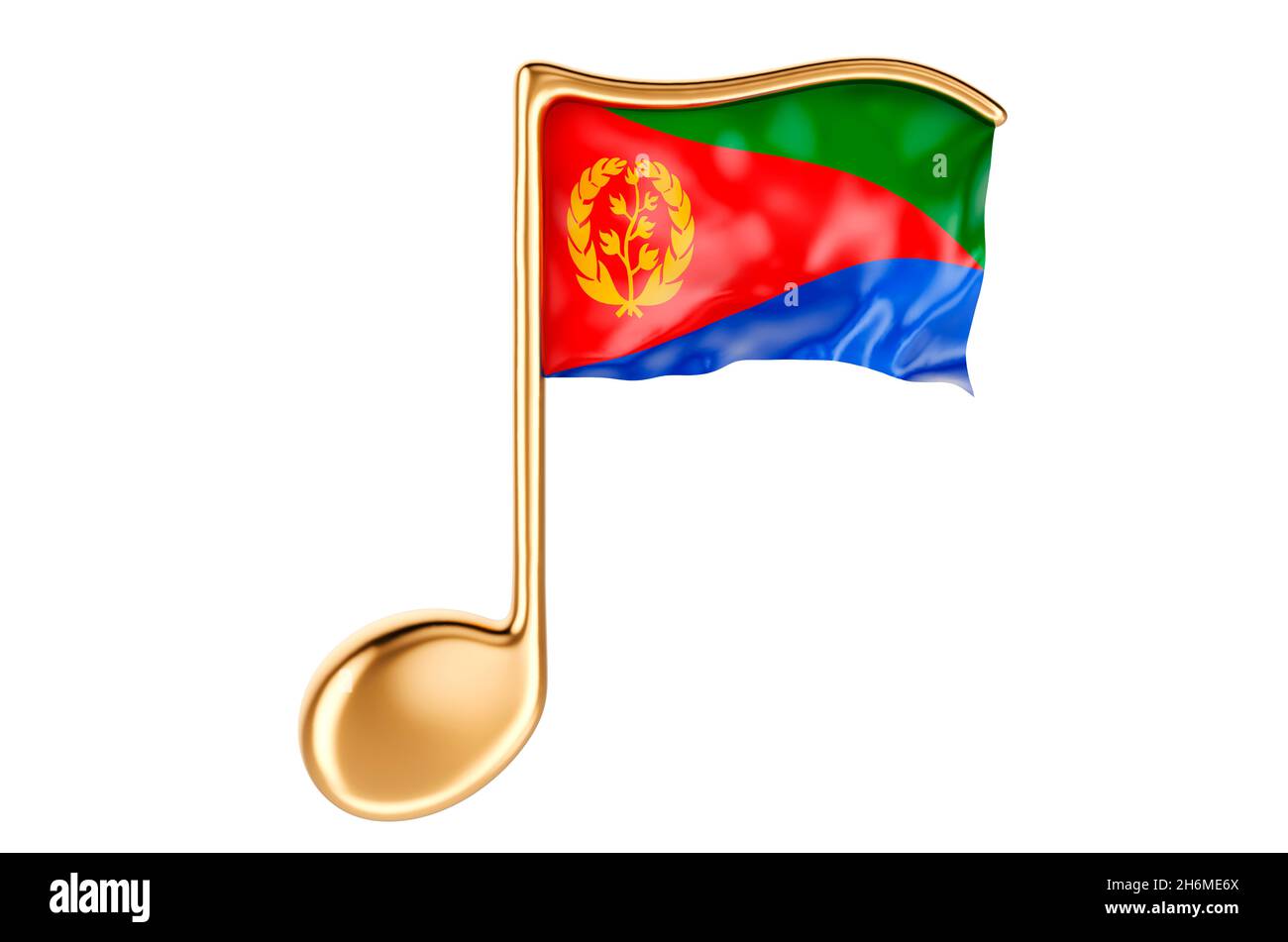 Musikalische Note mit eritreischer Flagge. Musik in Eritrea, Konzept. 3D-Rendering auf weißem Hintergrund isoliert Stockfoto