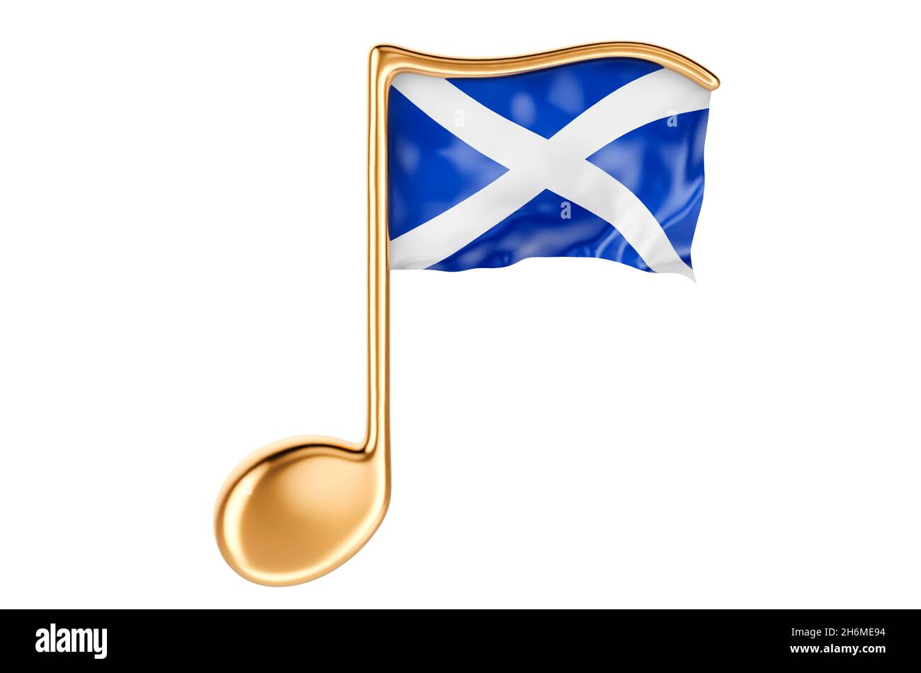 Musiknote mit schottischer Flagge. Musik in Schottland, Konzept. 3D-Rendering auf weißem Hintergrund isoliert Stockfoto