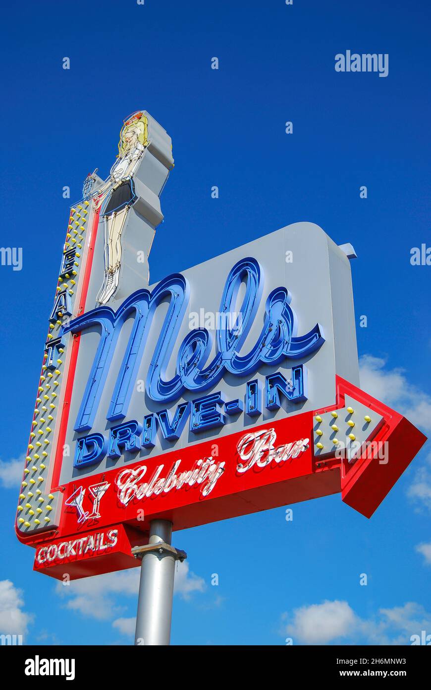 Mel's Bar Drive-in-Schild, Highland Avenue, Hollywood, Los Angeles, Kalifornien, Vereinigte Staaten von Amerika Stockfoto