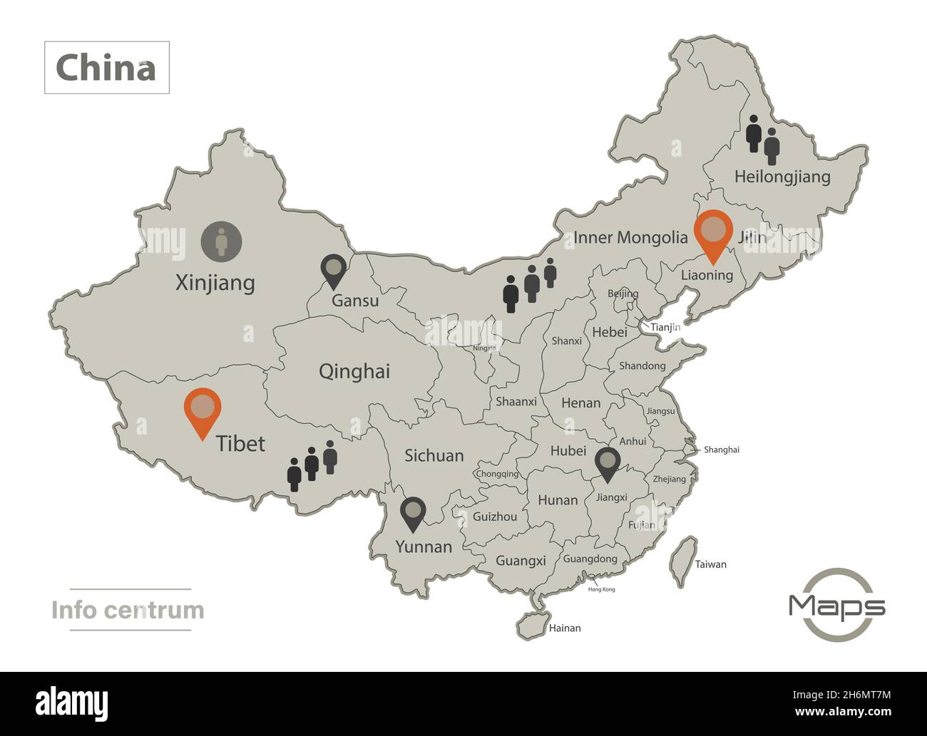China-Karte, einzelne Regionen mit Namen, Infografiken und Symbolvektoren Stock Vektor