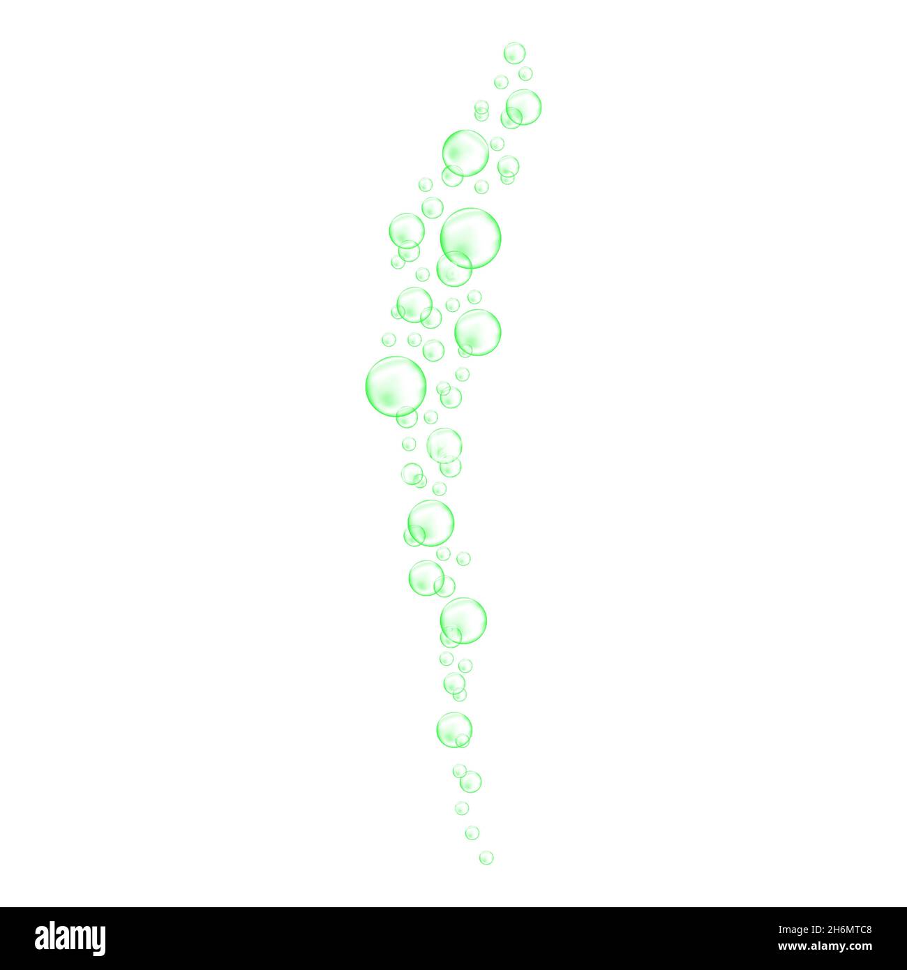 Grüne Unterwasserblasen strömen. Kohlensäurehaltige kohlensäurehaltige Getränke, Seifenlaugen, Shampoo oder Reinigungsschaum-Textur isoliert auf weißem Hintergrund. Vektor-realistische Darstellung. Stock Vektor