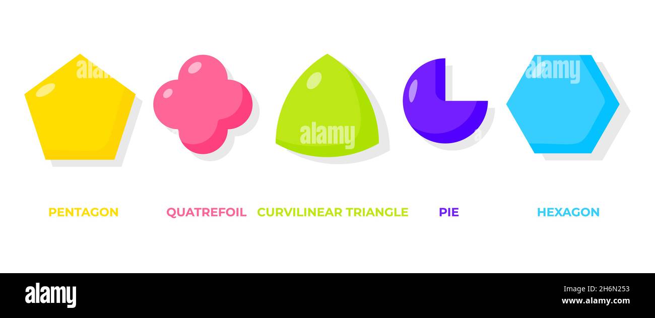 Farbige flache Cartoon geometrische Formen Icon-Set. Grundlegende mathematische Formen mit Namen pentagon, Quatrefoil, Pie, Sechseck, kurvenohriges Dreieck. Geometrie für Schulkinder isoliert auf weißer Vektorgrafik Stock Vektor