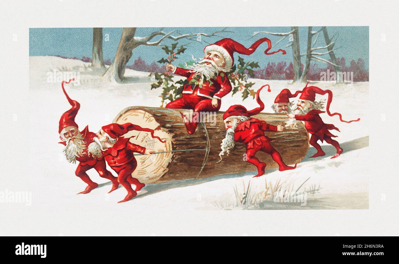 Die Elfen des Weihnachtsmanns ziehen einen Baumstamm am Nordpol Stockfoto