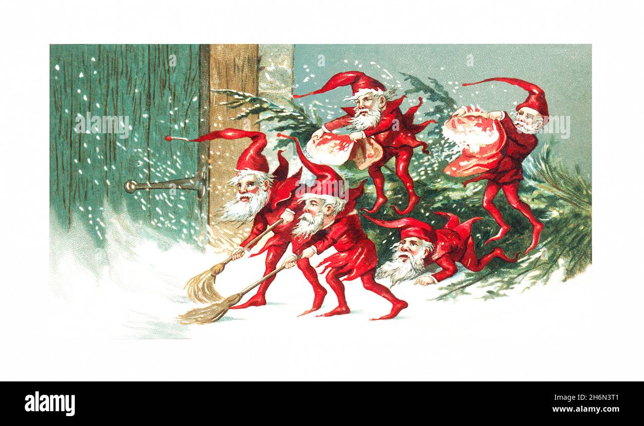 Die Elfen des Weihnachtsmanns bringen Schnee zu Weihnachten Stockfoto
