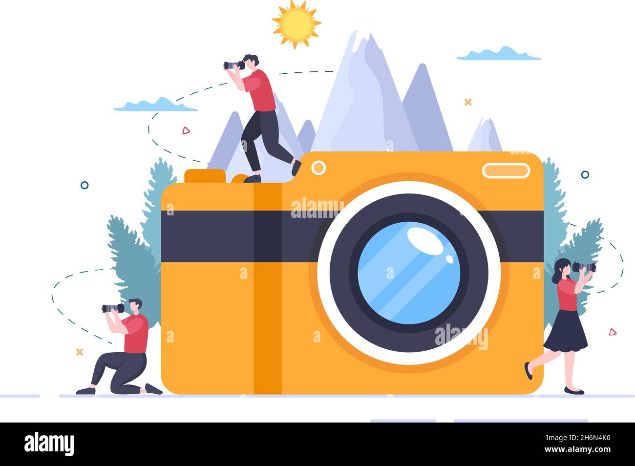 Fotograf Flat Design Hintergrund mit Kamera, Digital Film Equipment Technology und Picture Person in Cartoon Style Vektor Illustration Stock Vektor