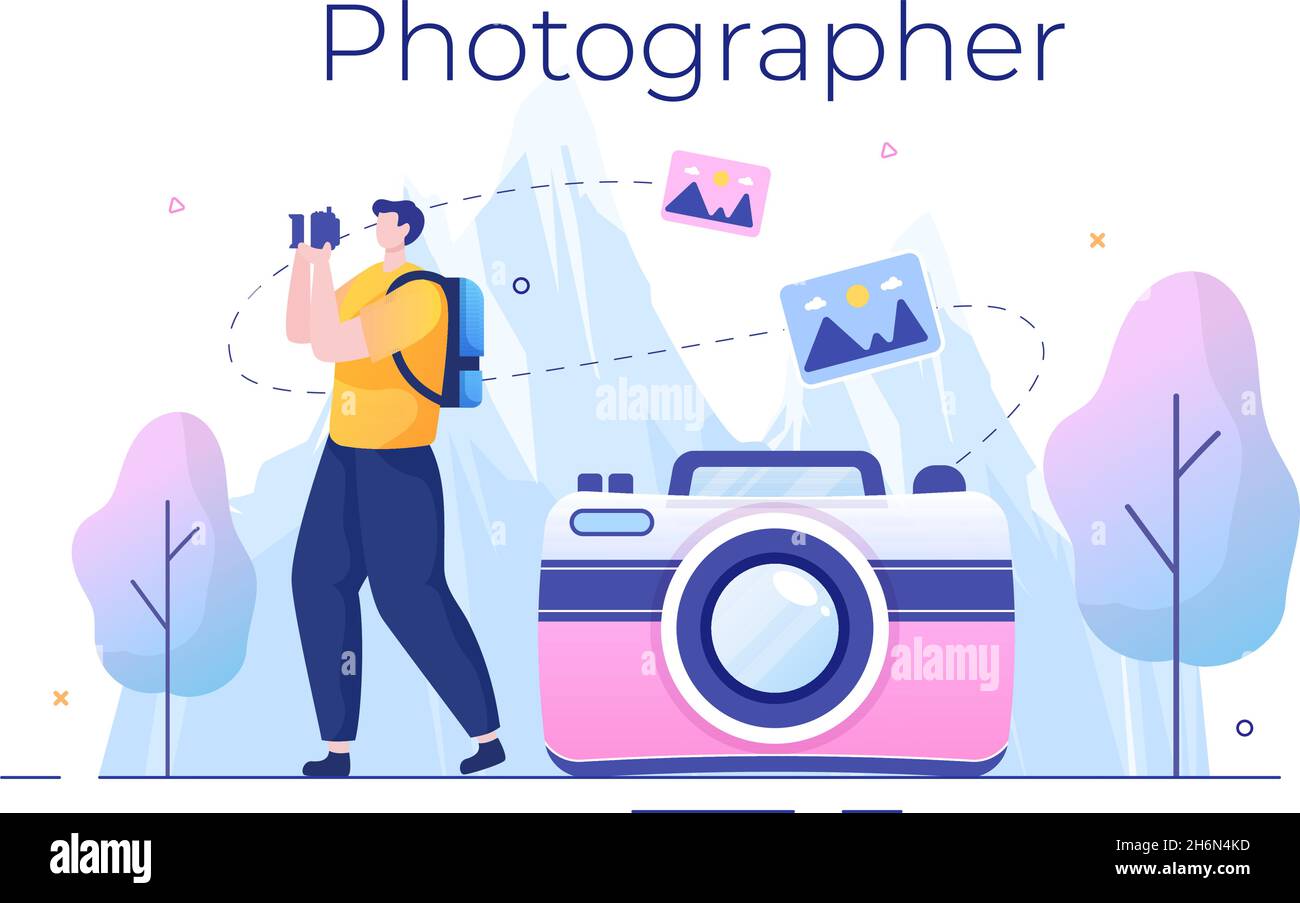 Fotograf Flat Design Hintergrund mit Kamera, Digital Film Equipment Technology und Picture Person in Cartoon Style Vektor Illustration Stock Vektor