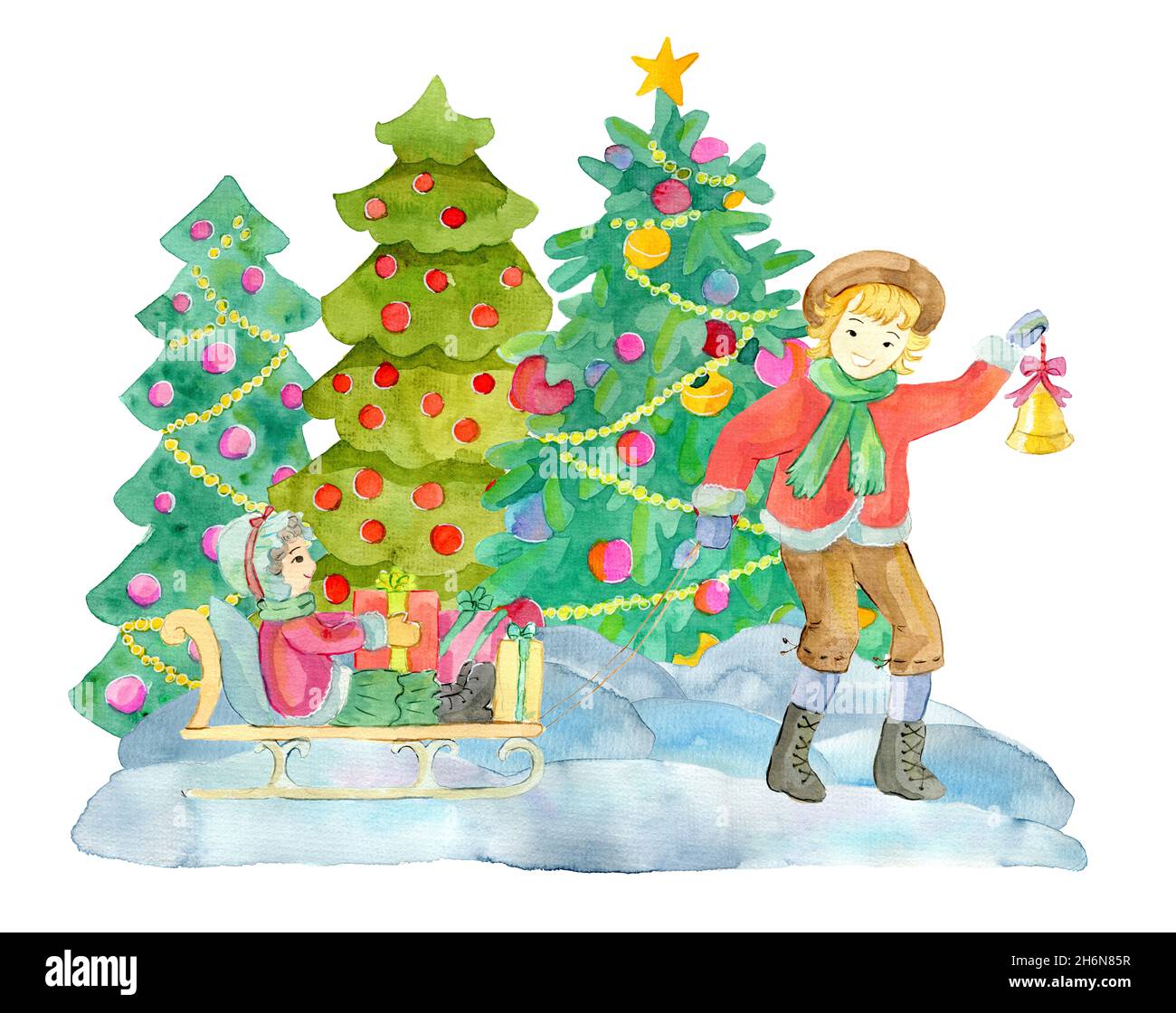 Aquarell-Illustration mit Kindern auf Schlitten, die im Wald auf Weiß isoliert spielen. Winter Weihnachten und Neujahr Urlaubskonzept Stockfoto