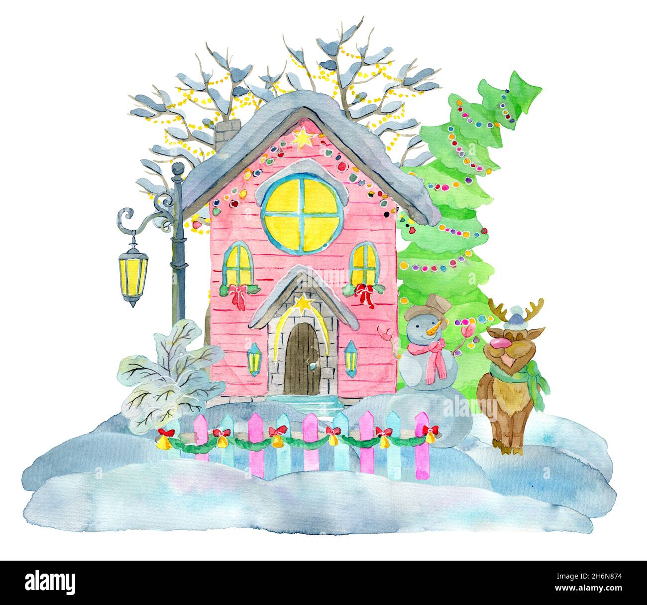 Aquarell-Illustration mit schönem Häuschen, verzierten Nadelbäumen und Hirschen mit warmem Schal isoliert auf weiß. Winter Weihnachten und Neujahr holi Stockfoto