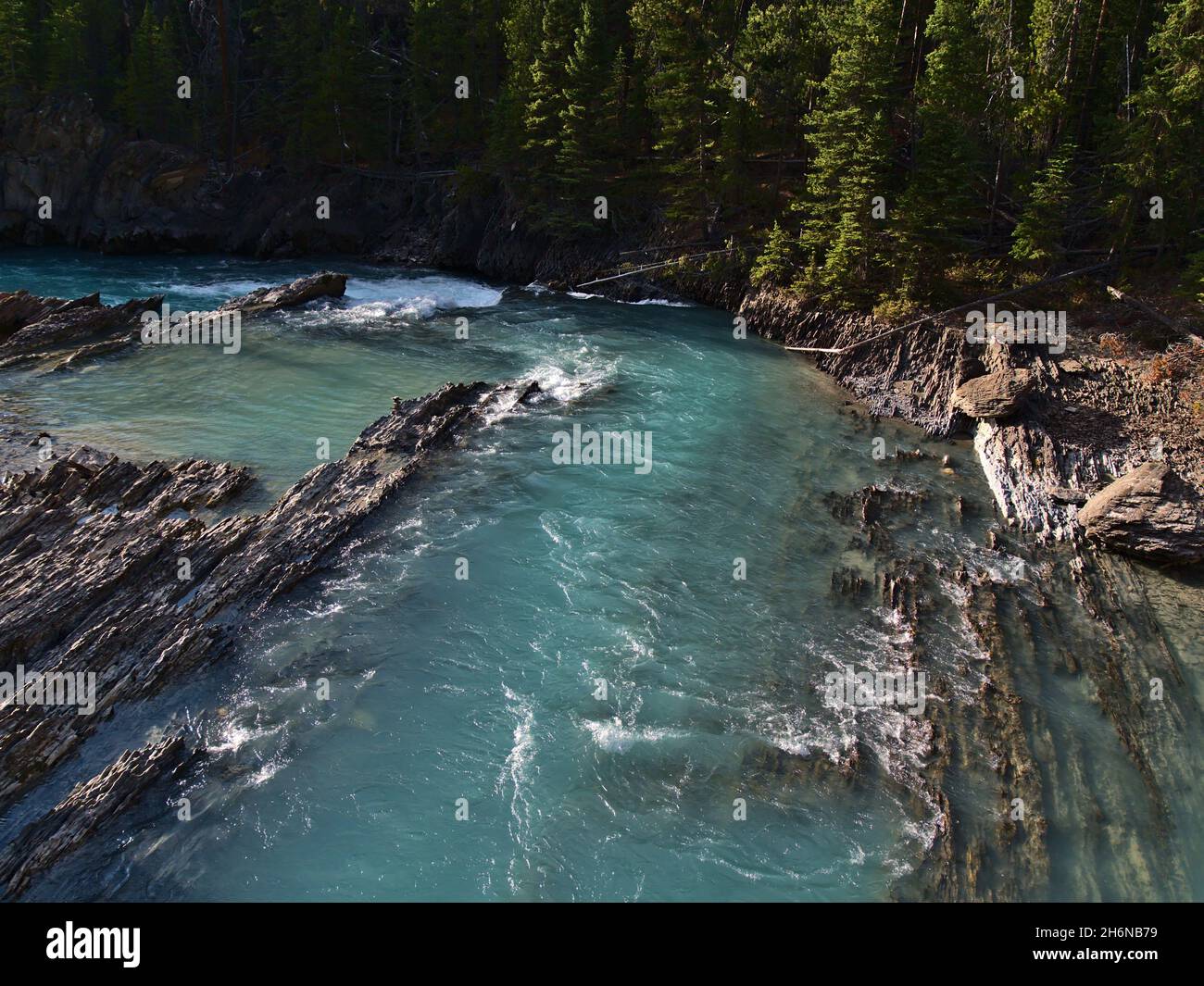 Schöner Blick auf den Wildbach, der den Horse River mit milchigem Wasser im Yoho National Park, British Columbia, Kanada, an sonnigen Tagen in den Rocky Mountains durchflutet. Stockfoto