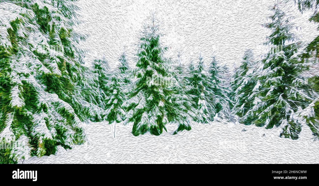 Ölgemälde Winterlandschaft mit Kiefern. Stockfoto