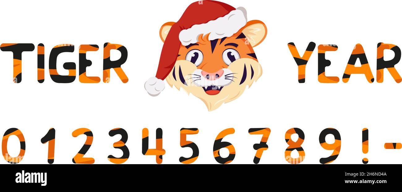 Zahlen mit gestreiftem Tiger-Muster und Schnauze von Tierfeind in Santa Hut. Festliche orangefarbene Schrift mit schwarzen Streifen oder Dekoration für Neujahr und Weihnachten oder Winterurlaub Stock Vektor
