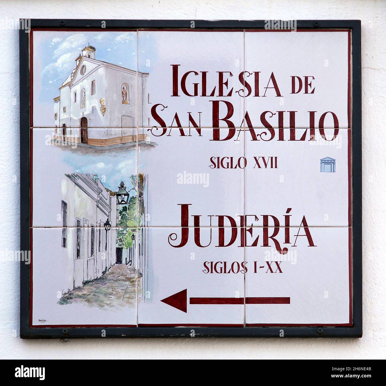 Straßenschild Iglesia de San Basilio und Juderia in Córdoba Spanien Stockfoto