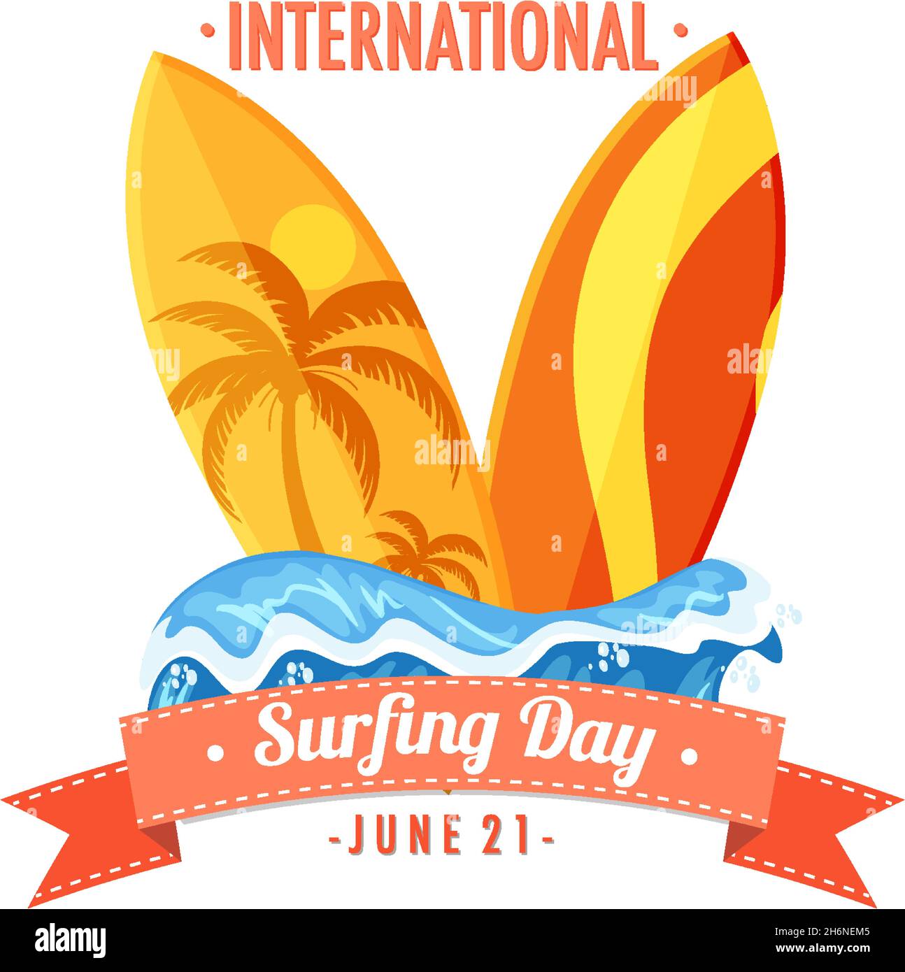 International Surfing Day Banner mit vielen Surfbrettern am Strand isoliert Illustration Stock Vektor