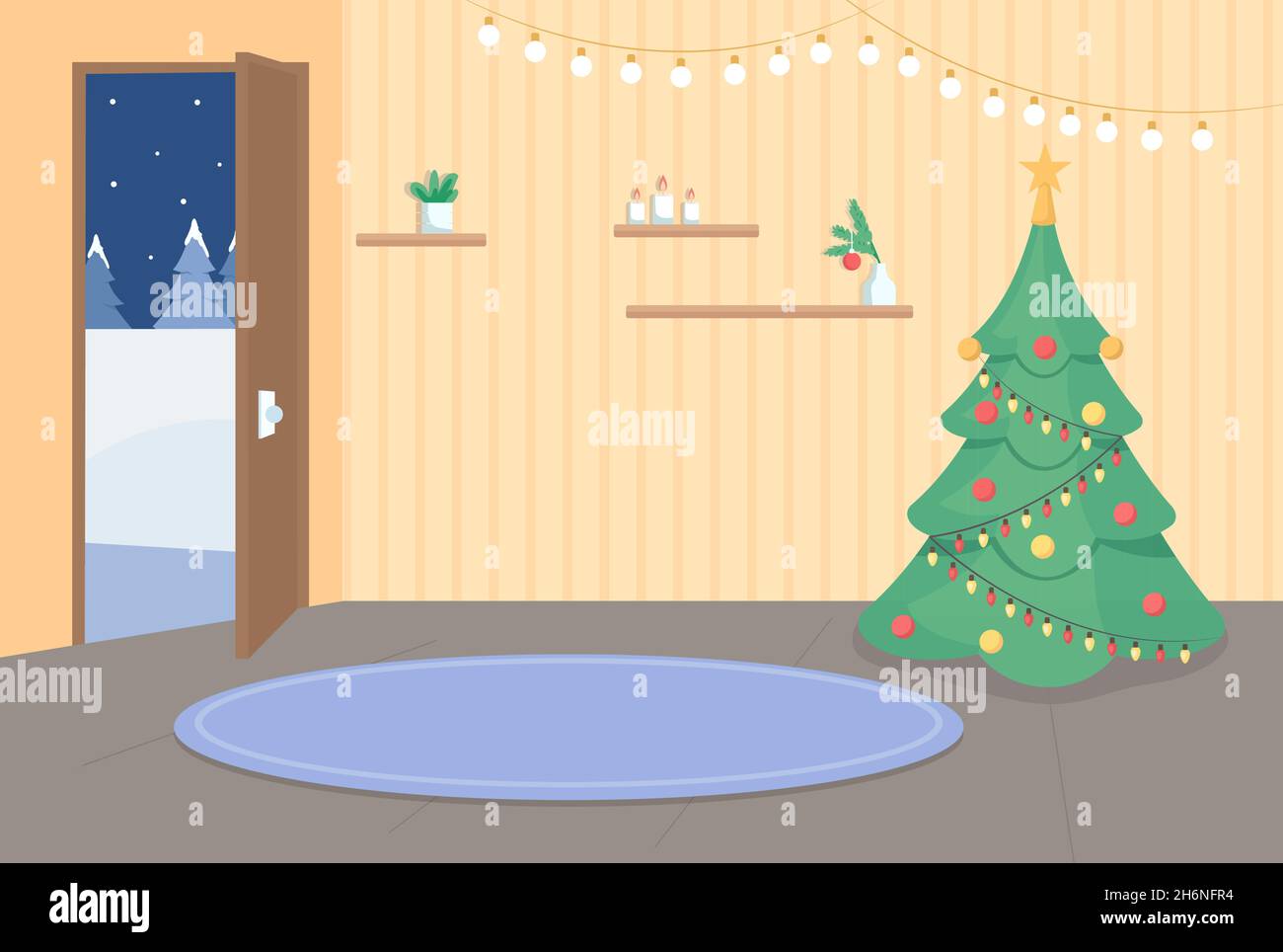 Hauseingang auf Weihnachten flache Farbe Vektor-Illustration Stock Vektor