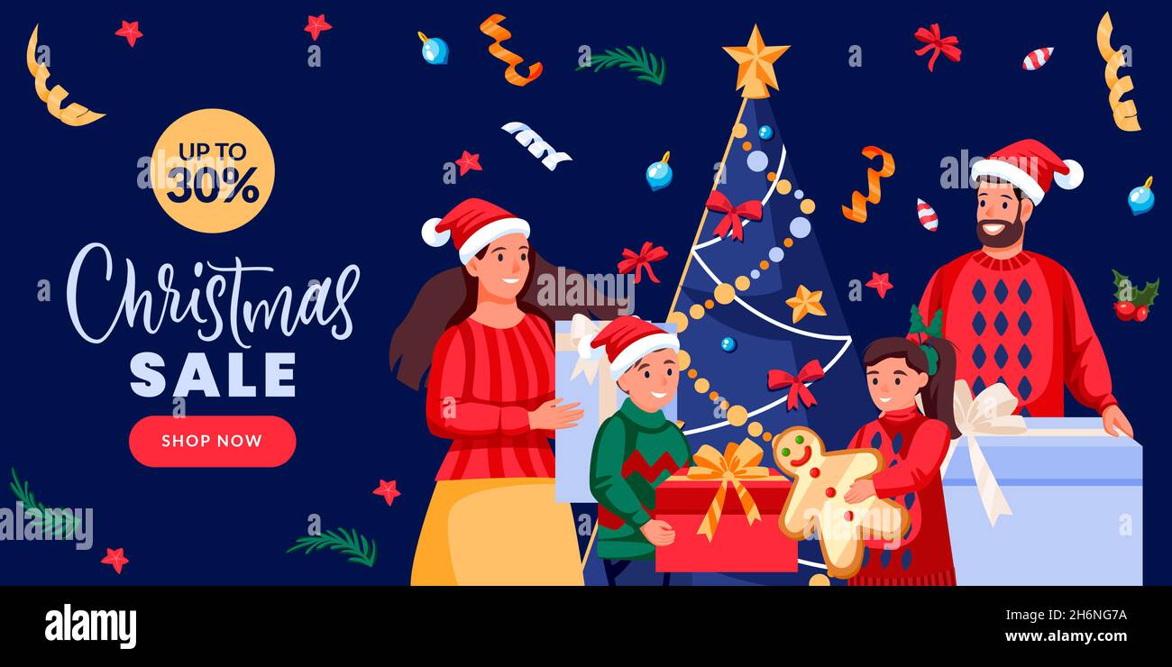 Glückliche Familie in Weihnachtskostümen mit Geschenken in der Nähe von Weihnachtsbaum. Mama, Papa, Junge und Mädchen, die sich auf die Neujahrsfeier vorbereiten. Vektor flache Cartoon-Charact Stock Vektor