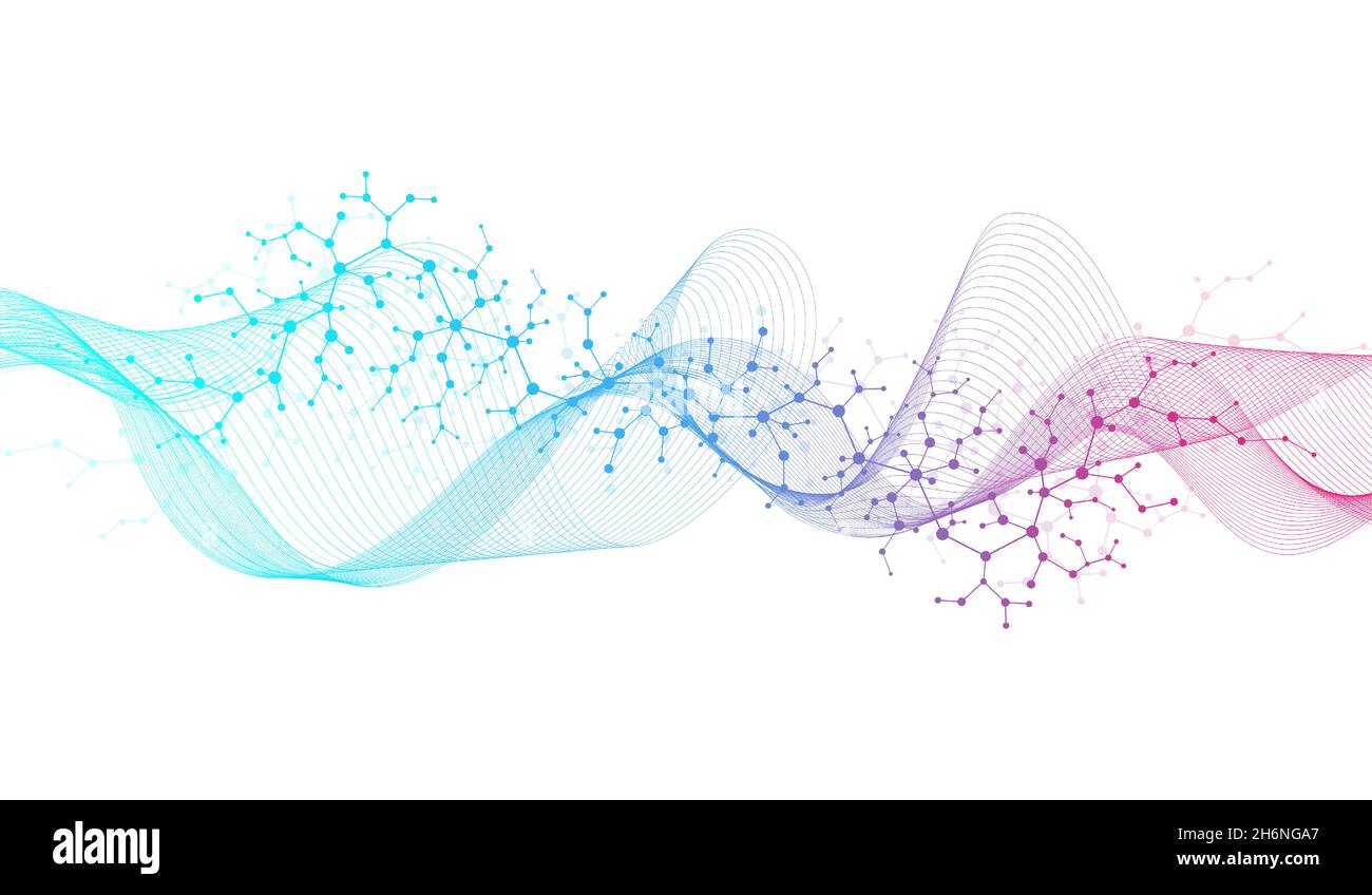 Molekulare abstrakte Struktur und Gentechnik, Gesundheitswesen und Medizin Hintergrund. Wissenschaftliche Forschung Hintergrund. Wellenfluss, Innovation Stock Vektor