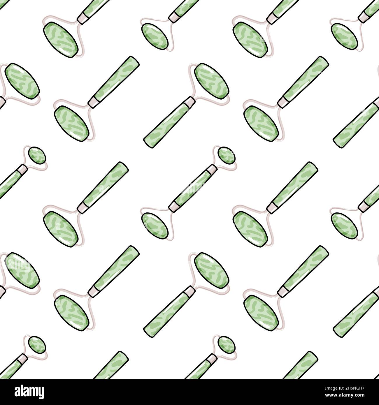 Gua Sha und Gesichtsmassage Roller Vektor Illustration. Nahtloses Muster mit naturgrünen Quarzsteinen. Hautpflege, Face Yoga, Home Beauty-Verfahren und Routine-Hintergrund in flacher Cartoon-Stil. Stock Vektor