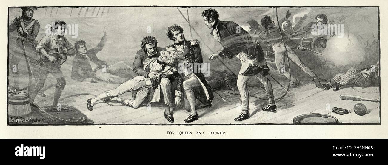Vintage-Illustration von Admiral nelson, der bei der Schlacht von trafalgar tödlich verwundet wurde Stockfoto