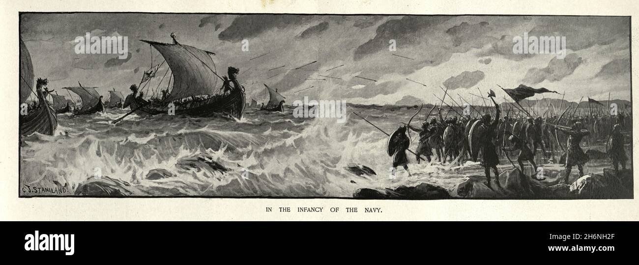 Wikinger-Langboot-Kriegsschiffe greifen einen Strand an, der von Kriegern verteidigt wird Stockfoto