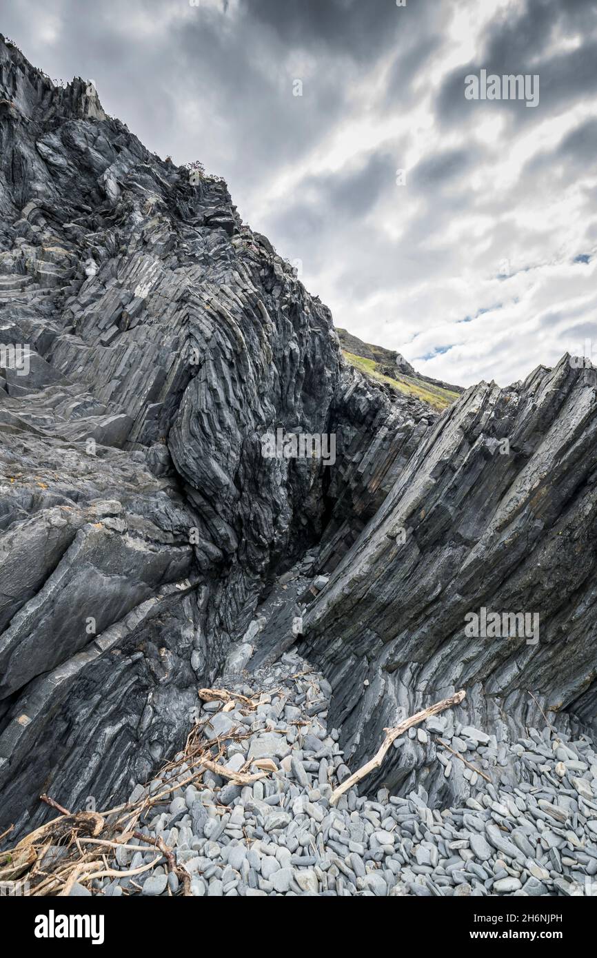 Aberystwyth gräbt die Geologie der Gesteinsschichten unterhalb des Allt Wen Hügels in der Nähe des Strandes von Tanybwlch und zeigt Turbiditen-Schlammstein aus der silurischen Zeit Stockfoto