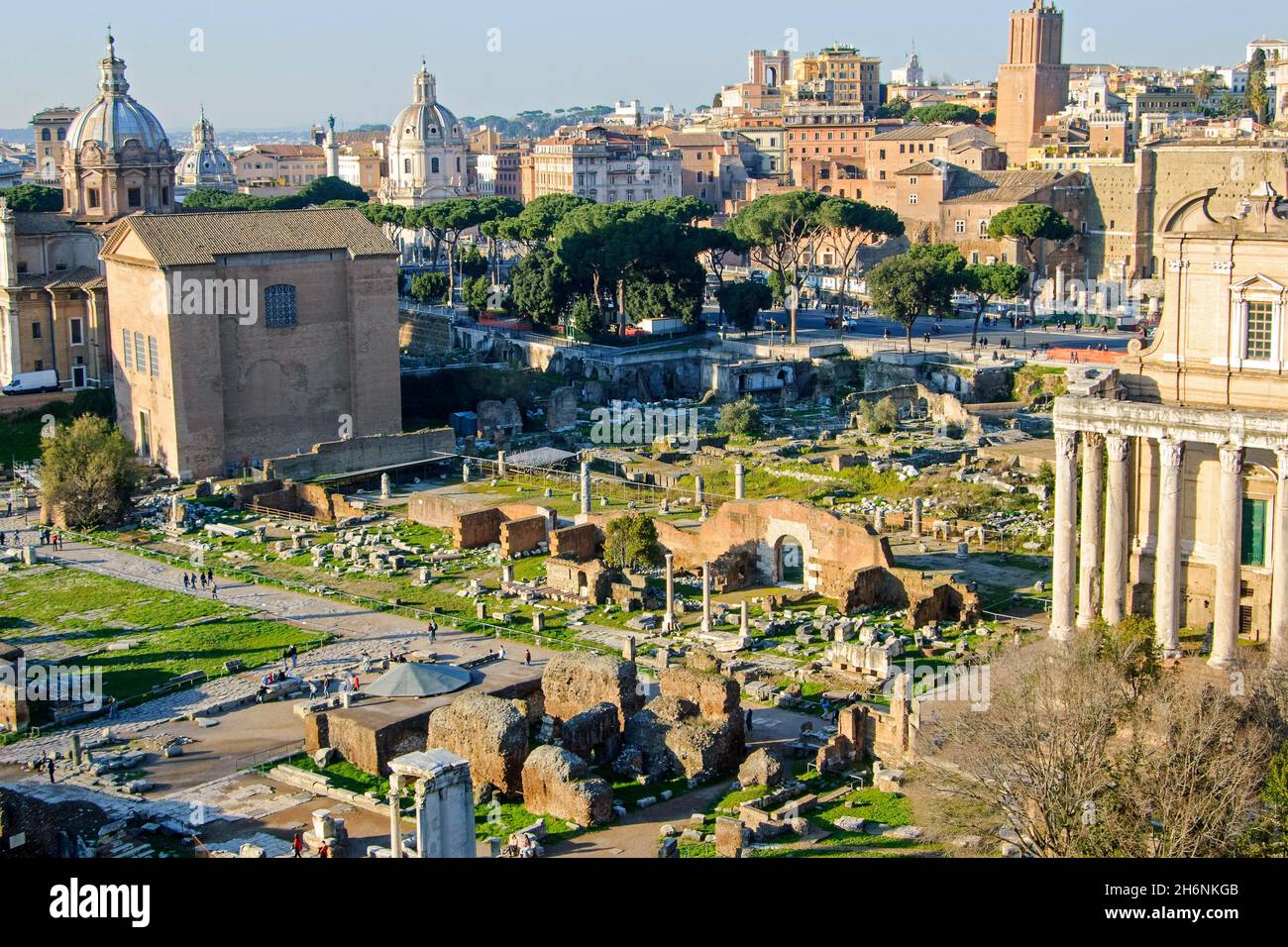 Ansicht des Forum Romanum mit in der Mitte Ruinen der Basilika Aemilia, im Vordergrund Ruinen des Tempels Divus Iulius Divine Julius Caesar, links Stockfoto