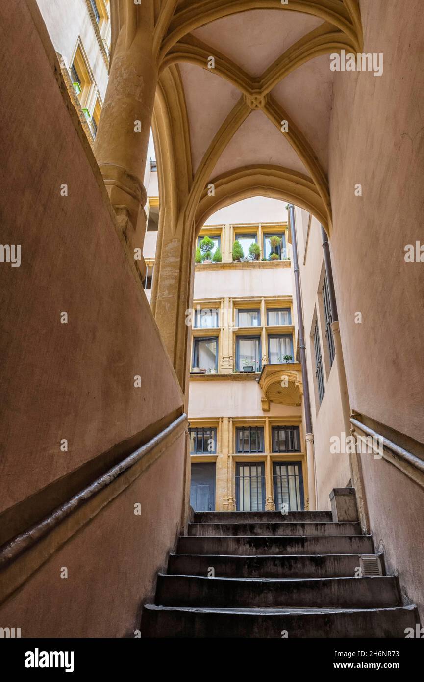 Traboule Hostellerie du Gouvernement, Stadtteil Saint Jean, UNESCO-Weltkulturerbe, Alt-Lyon, Rhone-Alpes, Frankreich Stockfoto