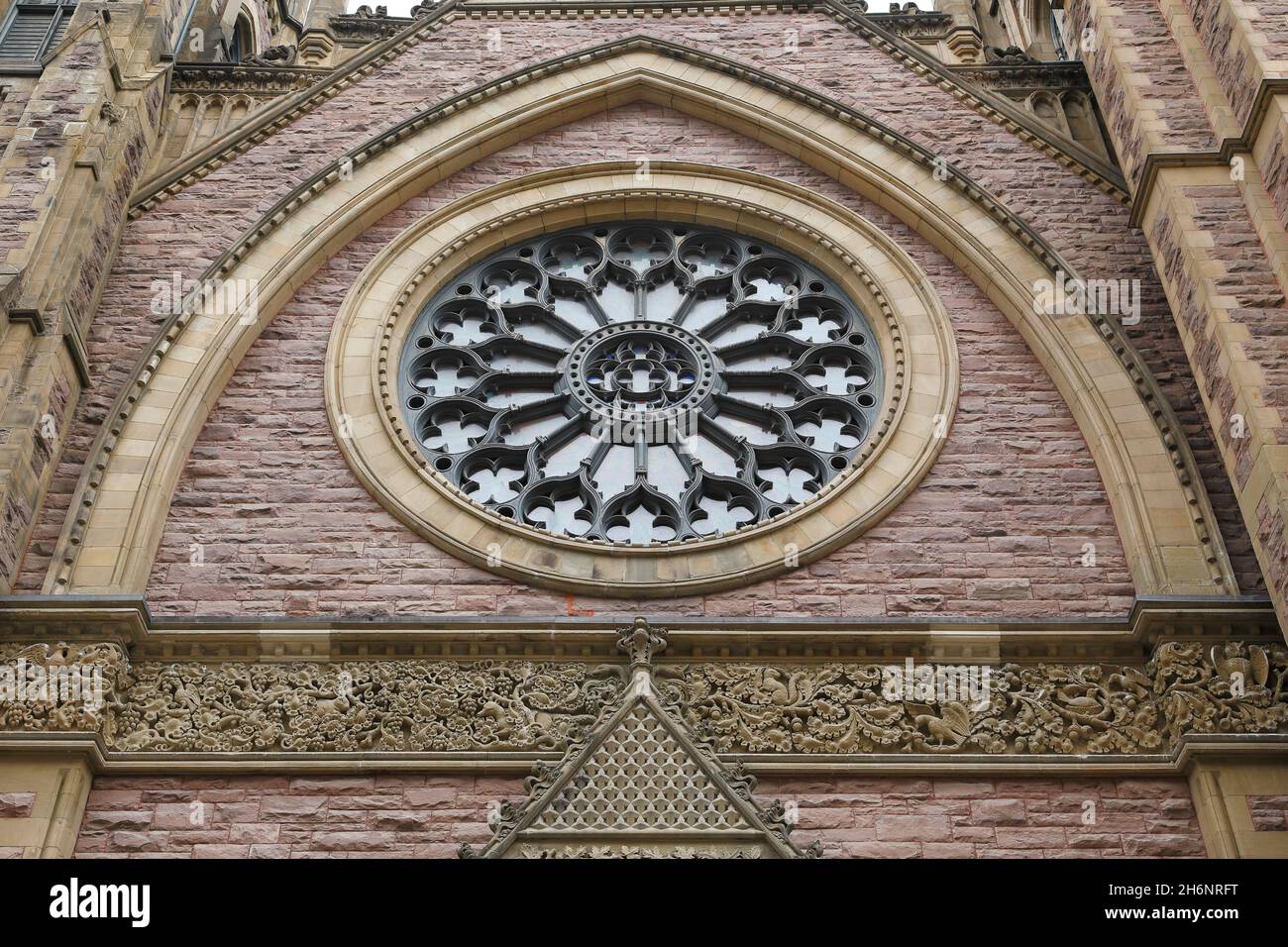 Fensterrose, Fassadendetails, St. James United Church, Montreal, Provinz Quebec, Kanada Stockfoto