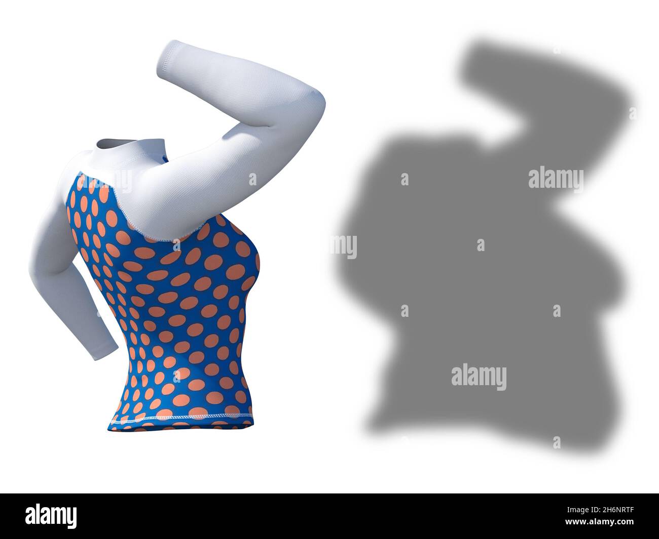 Conceptual Fett übergewichtig fettleibig Schatten weibliche Bluse Outfit vs schlank fit gesunden Körper nach Gewichtsverlust oder Diät dünn junge Frau isoliert. Ein Fitness, n Stockfoto